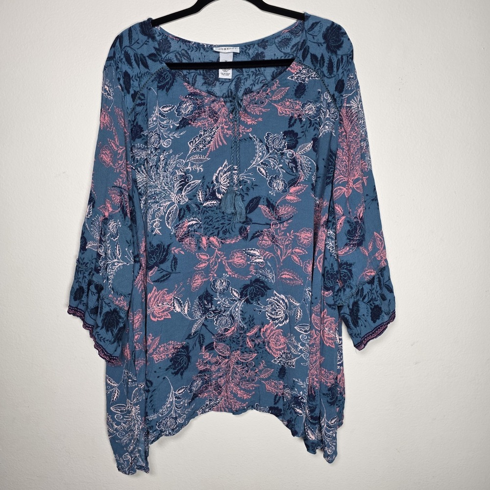 Catherines‎ Womens 5X Blue Pink Floral Tie Neck Peasant Top Flowy Romantic Boho